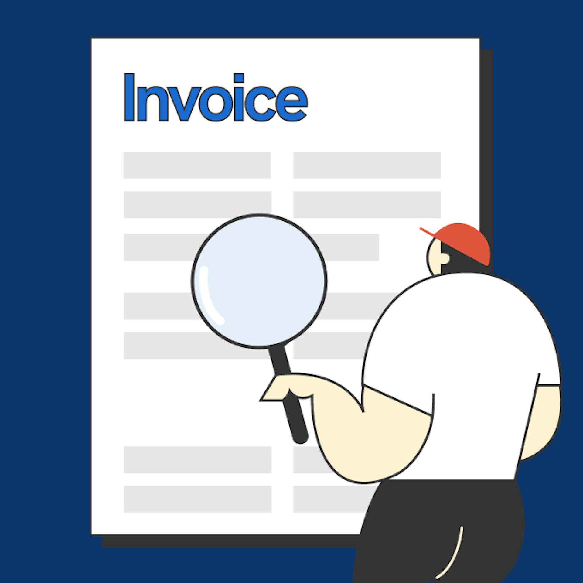 An illustration of Statrys mascot holding a magnifying glass on the word "Invoice"