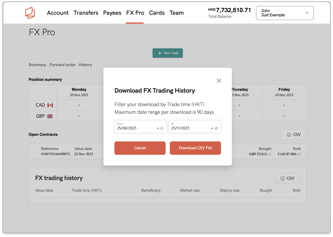 Date range selector for downloading FX trading history