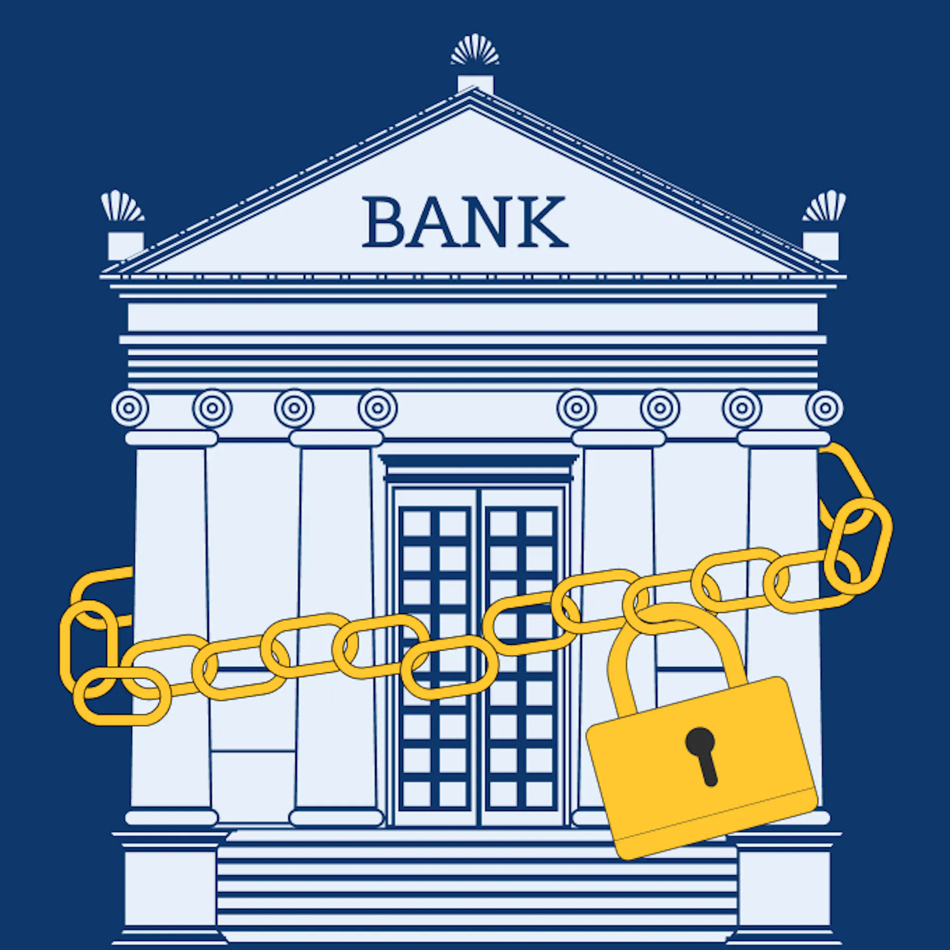 An illustration of a bank with a lock and chain around it