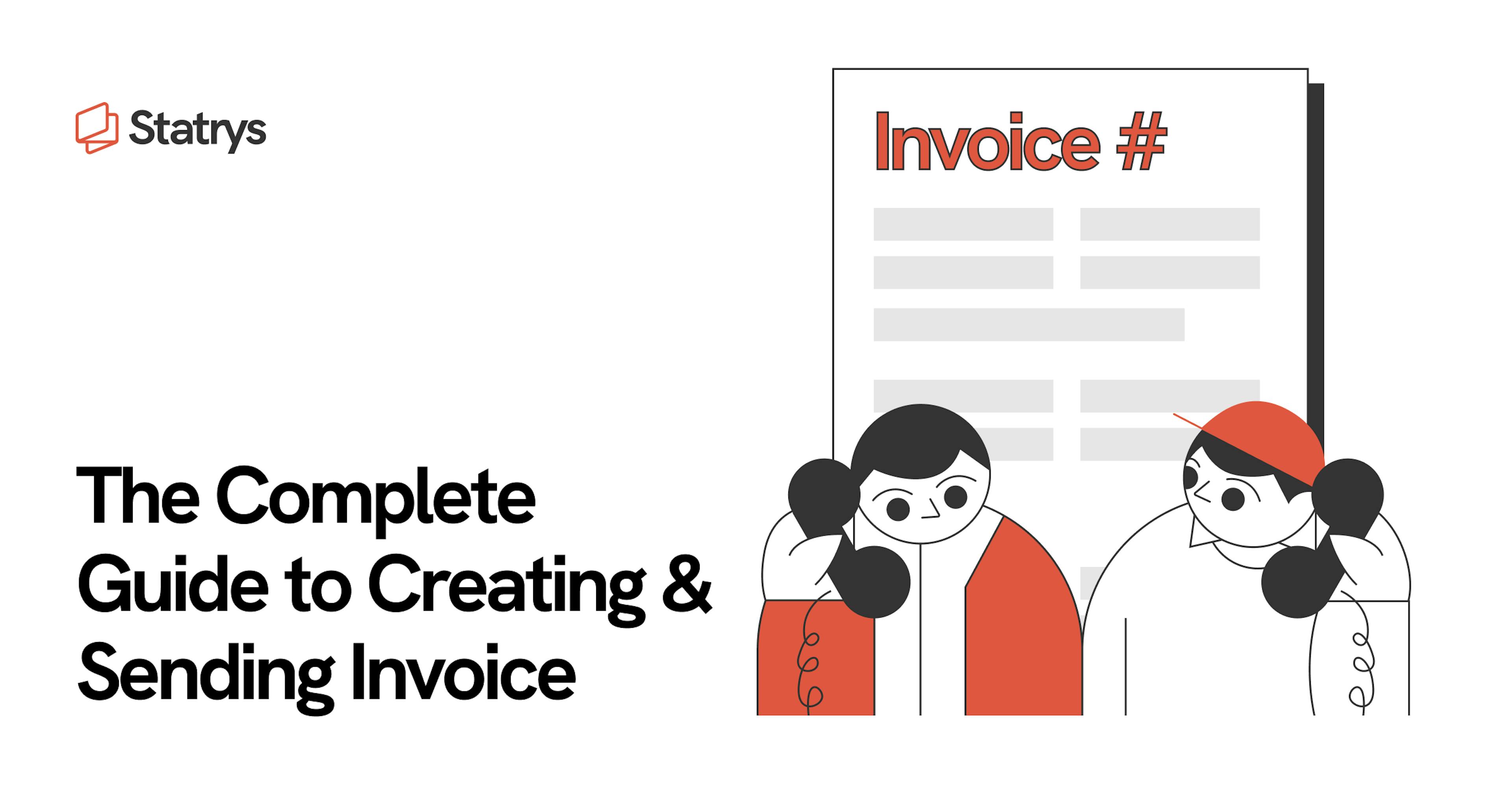 Two illustrated men discussing how to create and send an invoice