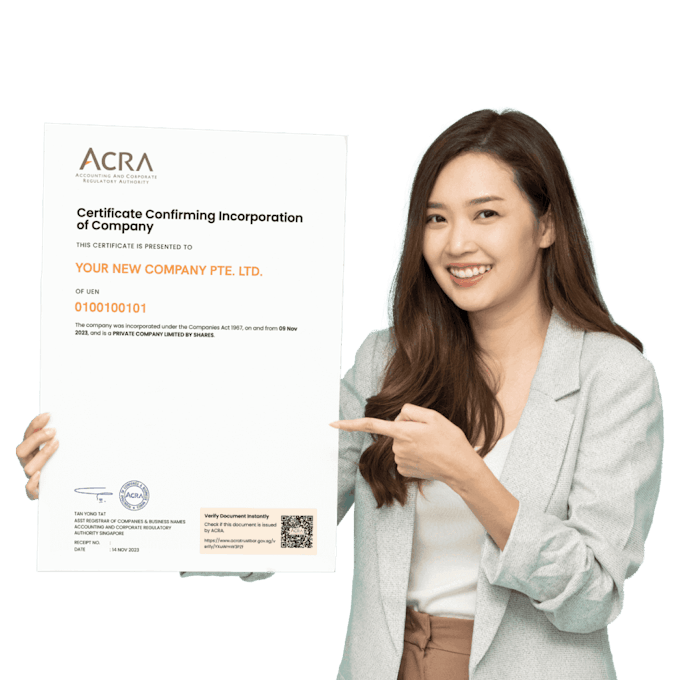 A woman holding an ACRA Incorporation form for Singaporean companies.