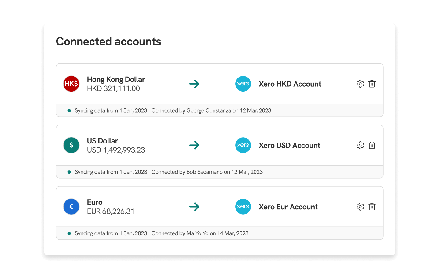 A screen of Xero integrated accounts in the Statrys multi-currency business account.