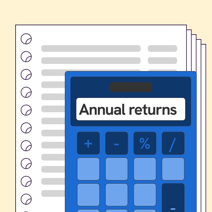 illustration of a blue calculator with texts that says annual returns on top of a pile of A4 paper