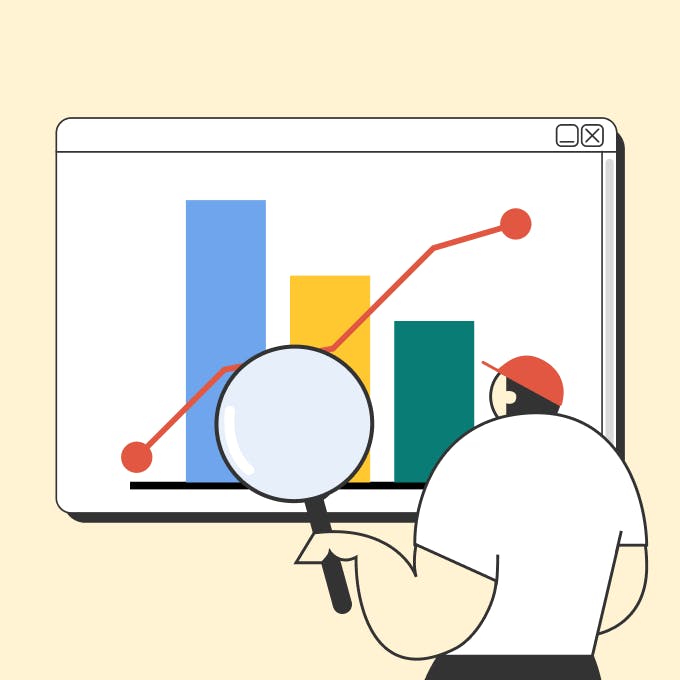 An illustration of a man looking at the chart data on trade finance products from a website.