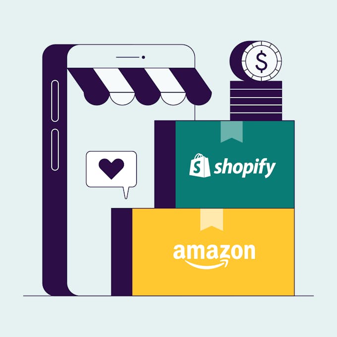  A smartphone with Shopify and Amazon boxes in front of it and a stack of coins resting on the boxes.