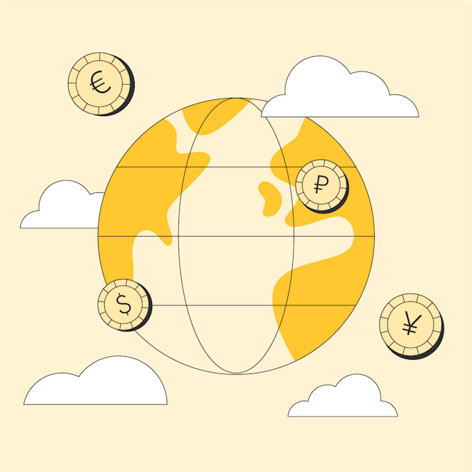 A globe in the clouds is surrounded by currency, representing foreign exchange risk.