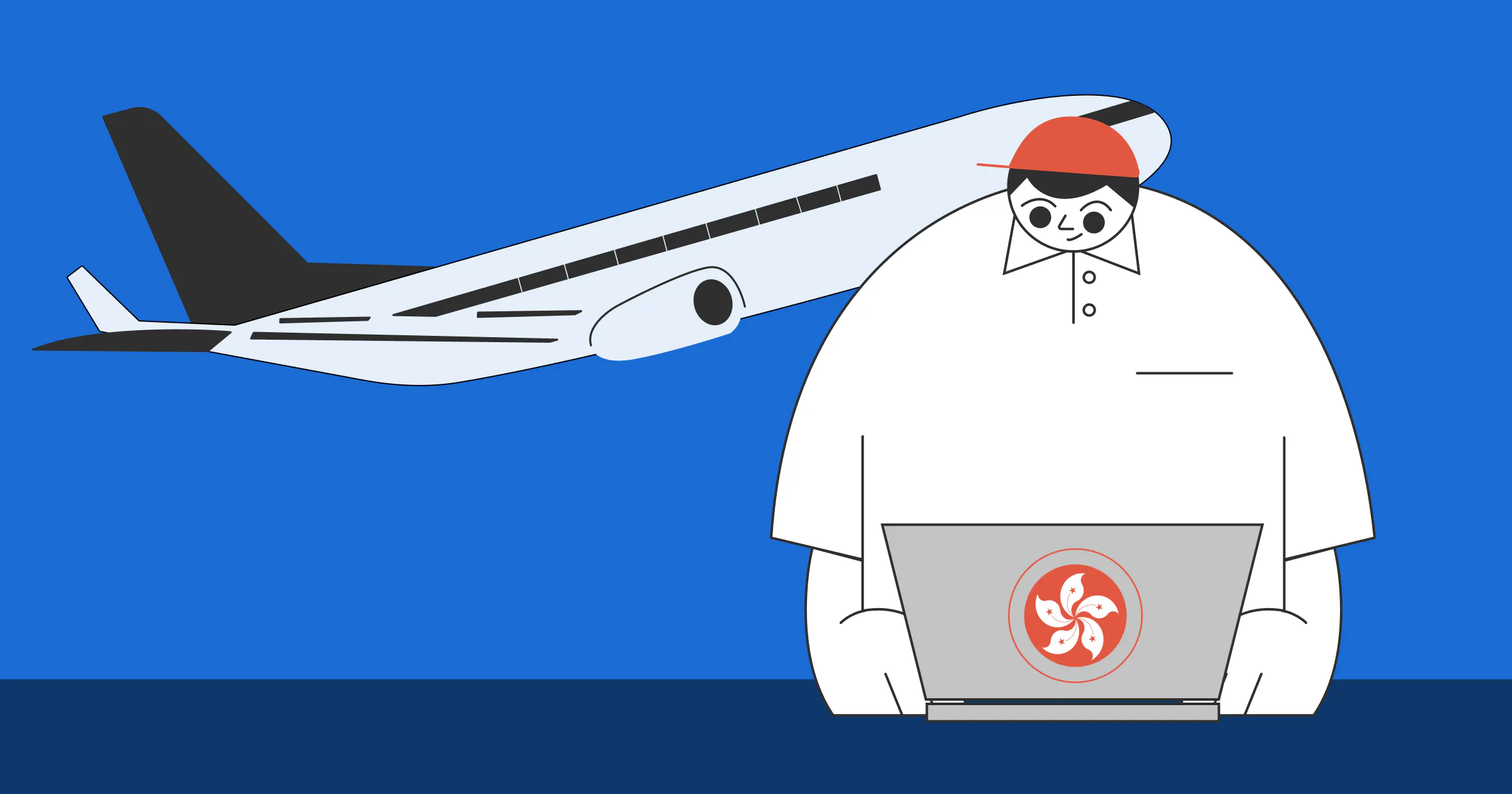 an illustration of statrys mascot working on a laptop with a hong kong logo and an airplane in the background.