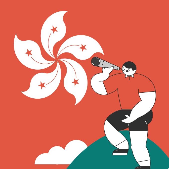 an illustration of statrys mascot holding a telescope looking at the Hong Kong flag