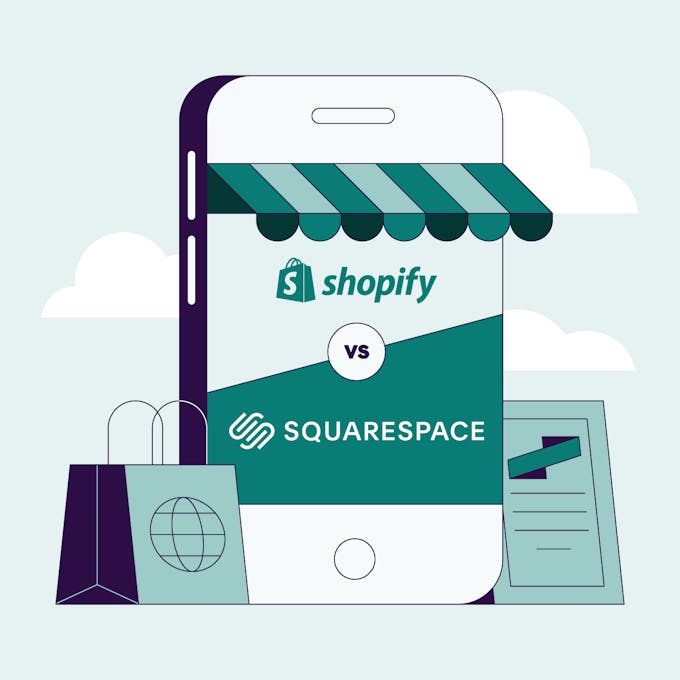 Illustration of a smartphone that features Shopify vs Squarespace, each company’s logo, and a shopping bag and sign next to the phone.