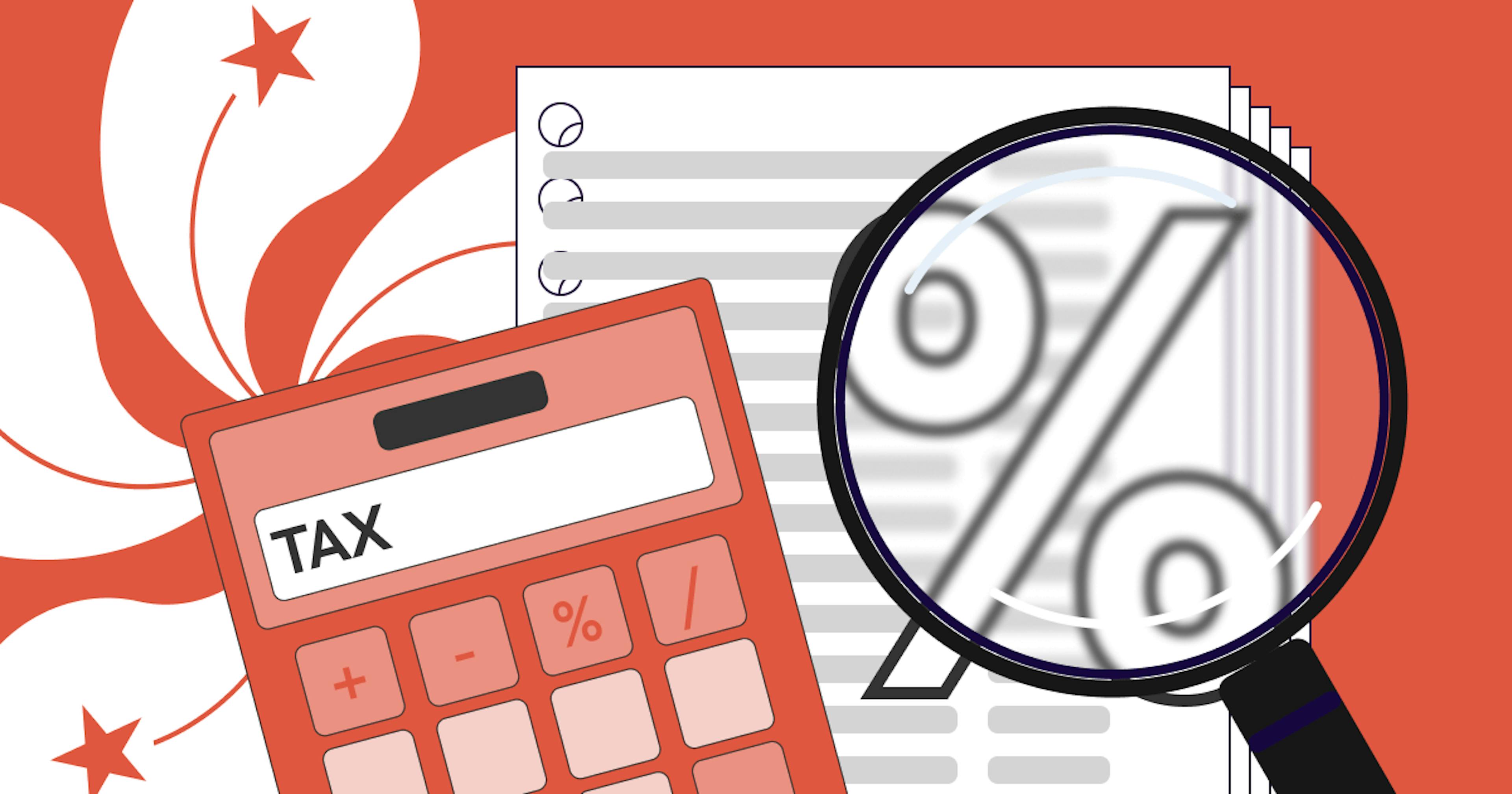an illustration of a magnifying glass lookingat a piece of paper a red calculator that says Tax. 