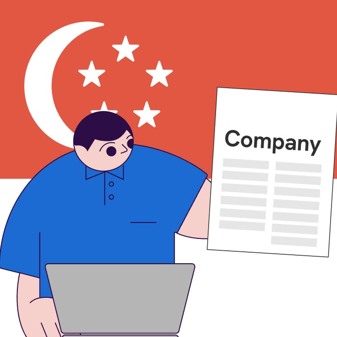 An illustration of a man holding a certificate after registering a company with a Singapore flag behind