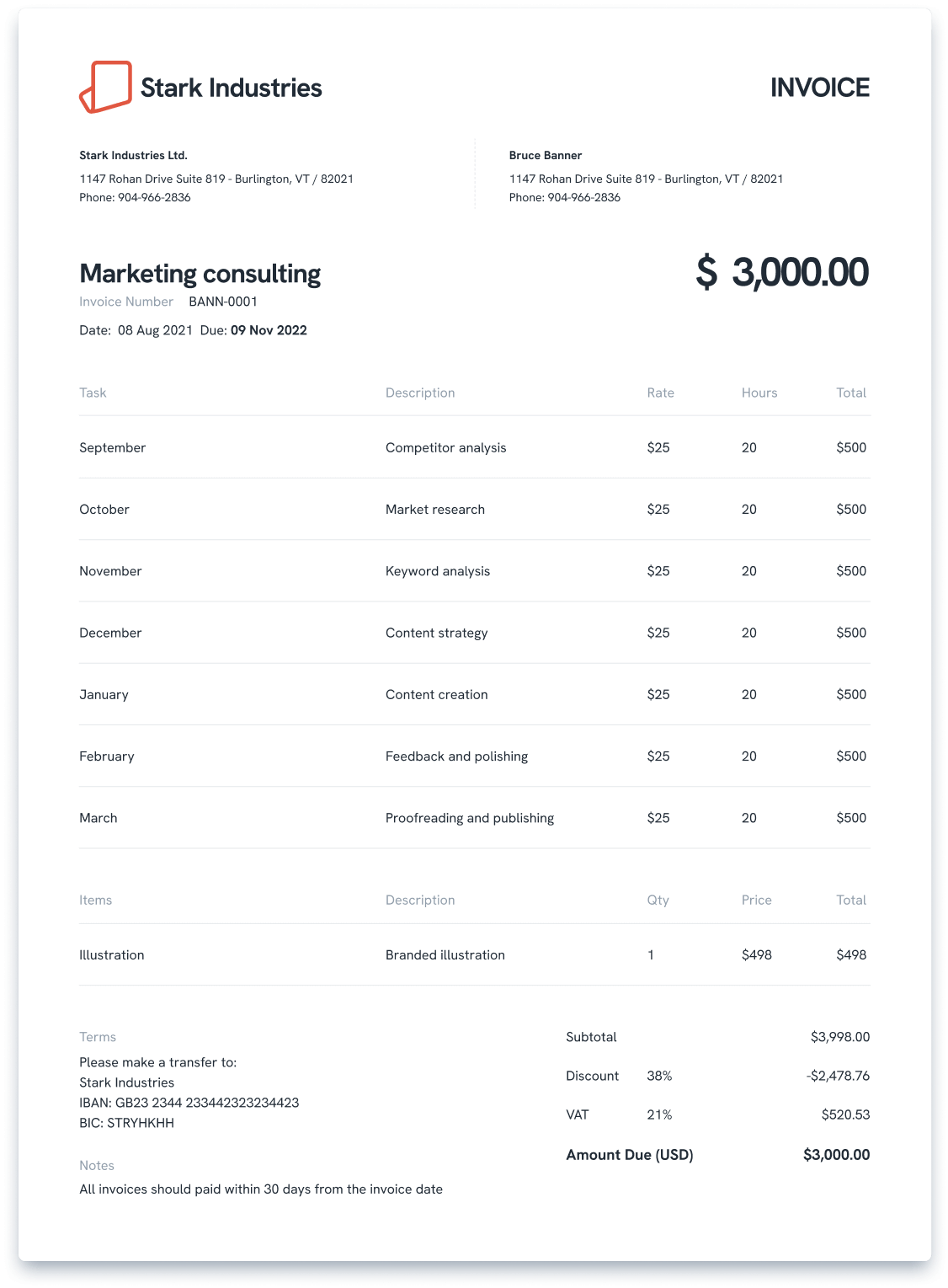 Example of an invoice