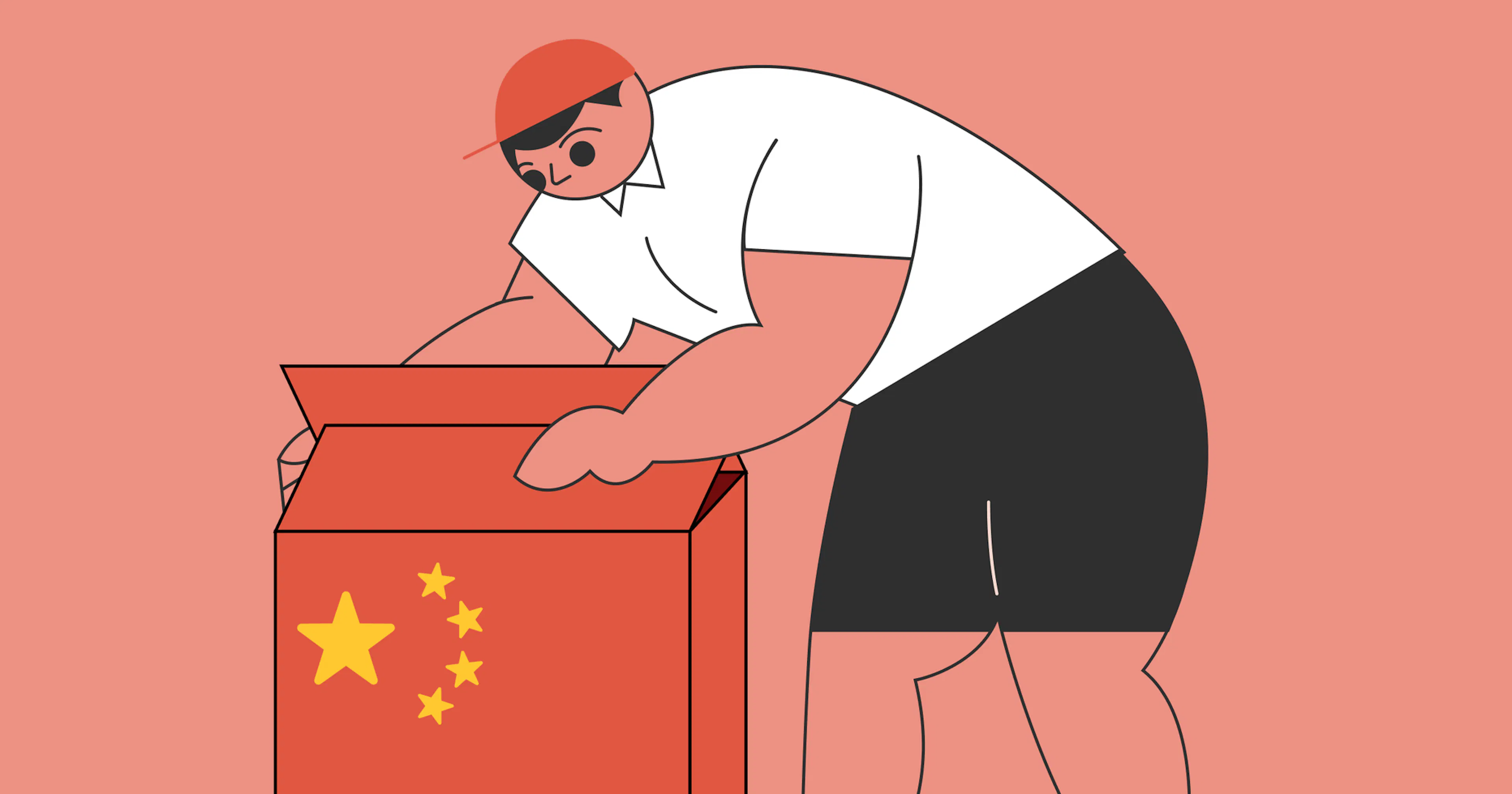 An Illustration of a man unpacking products sourced from China