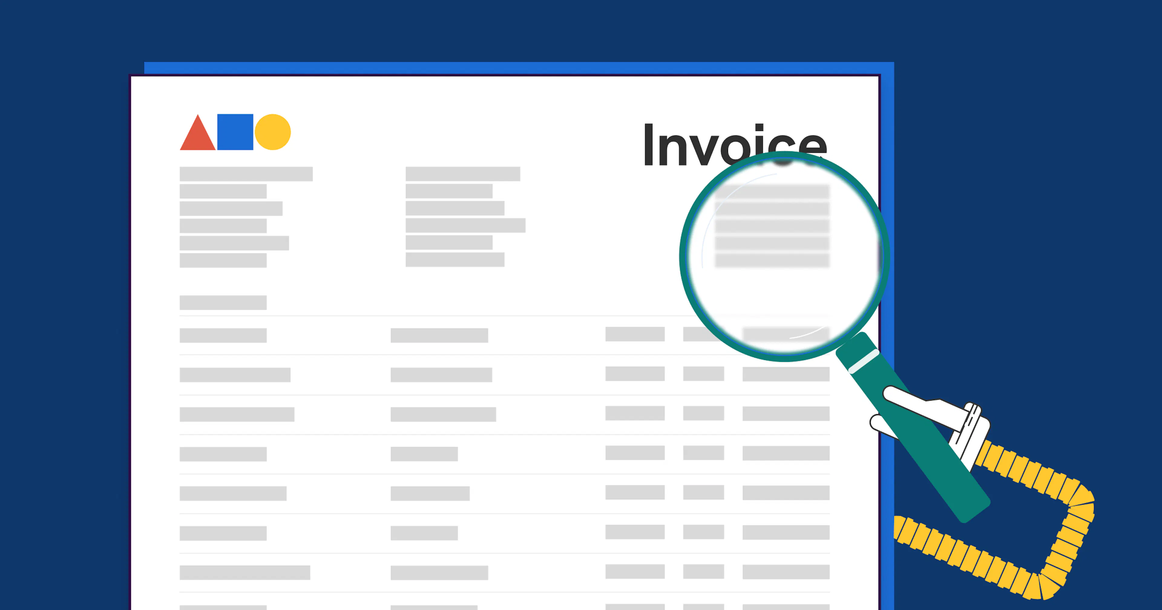 An invoice with a magnifying glass focusing on the details on the invoice