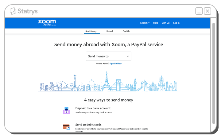 A screenshot of Xoom's website