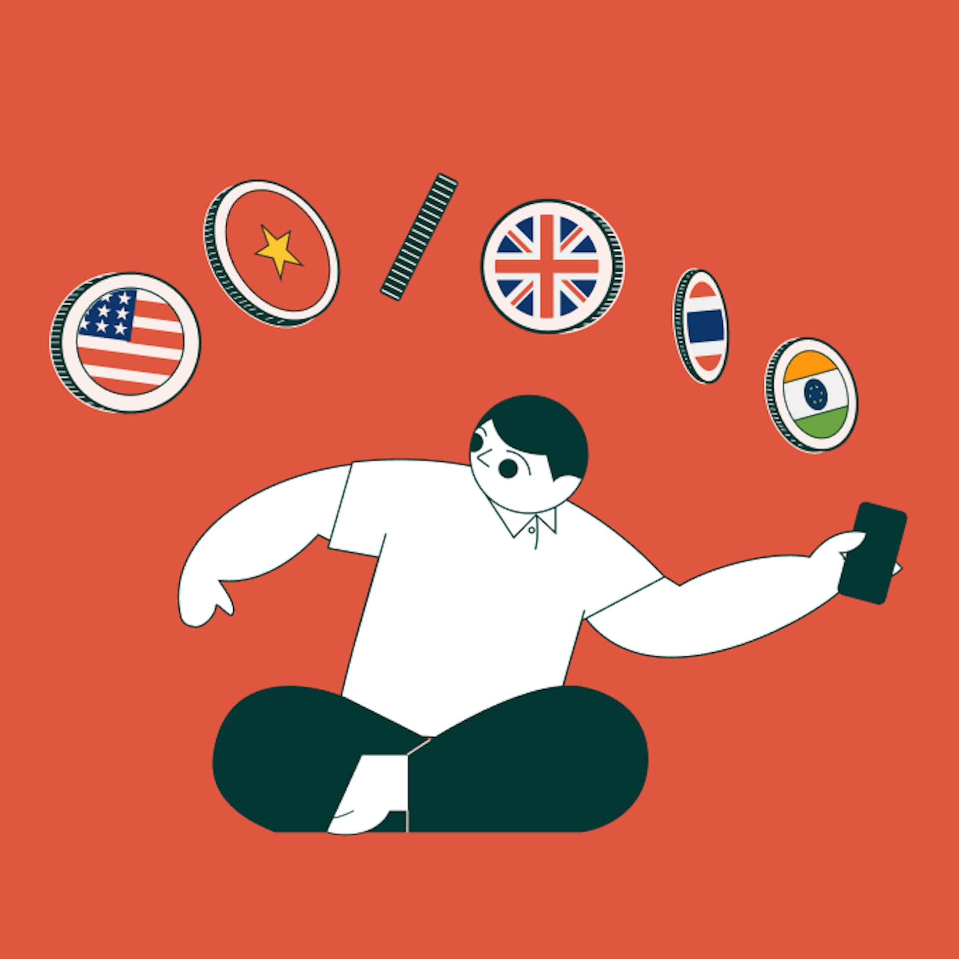 An illustrated man using a multi-currency business account.