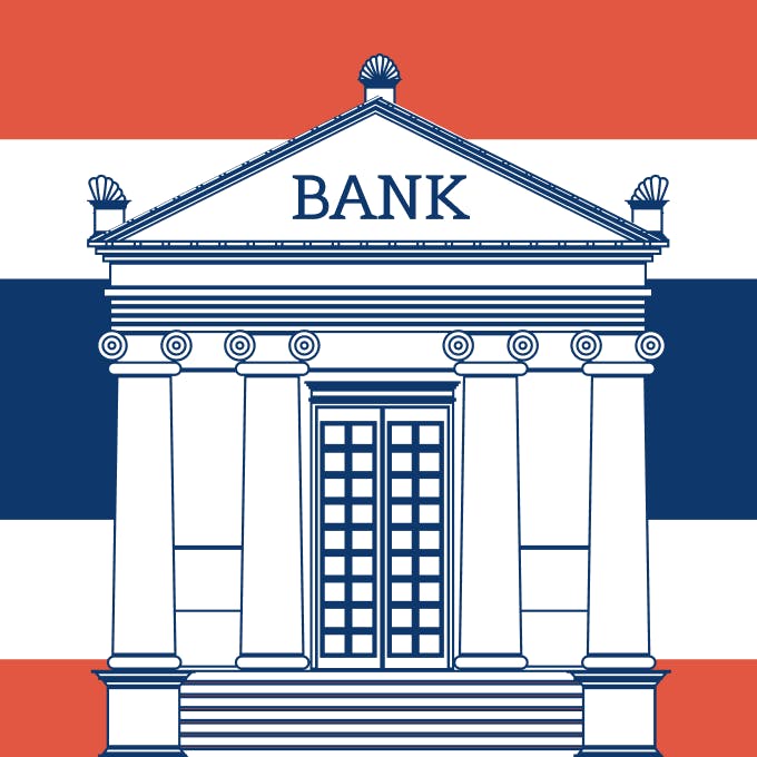 An illustration of a bank building with a Thai flag background.
