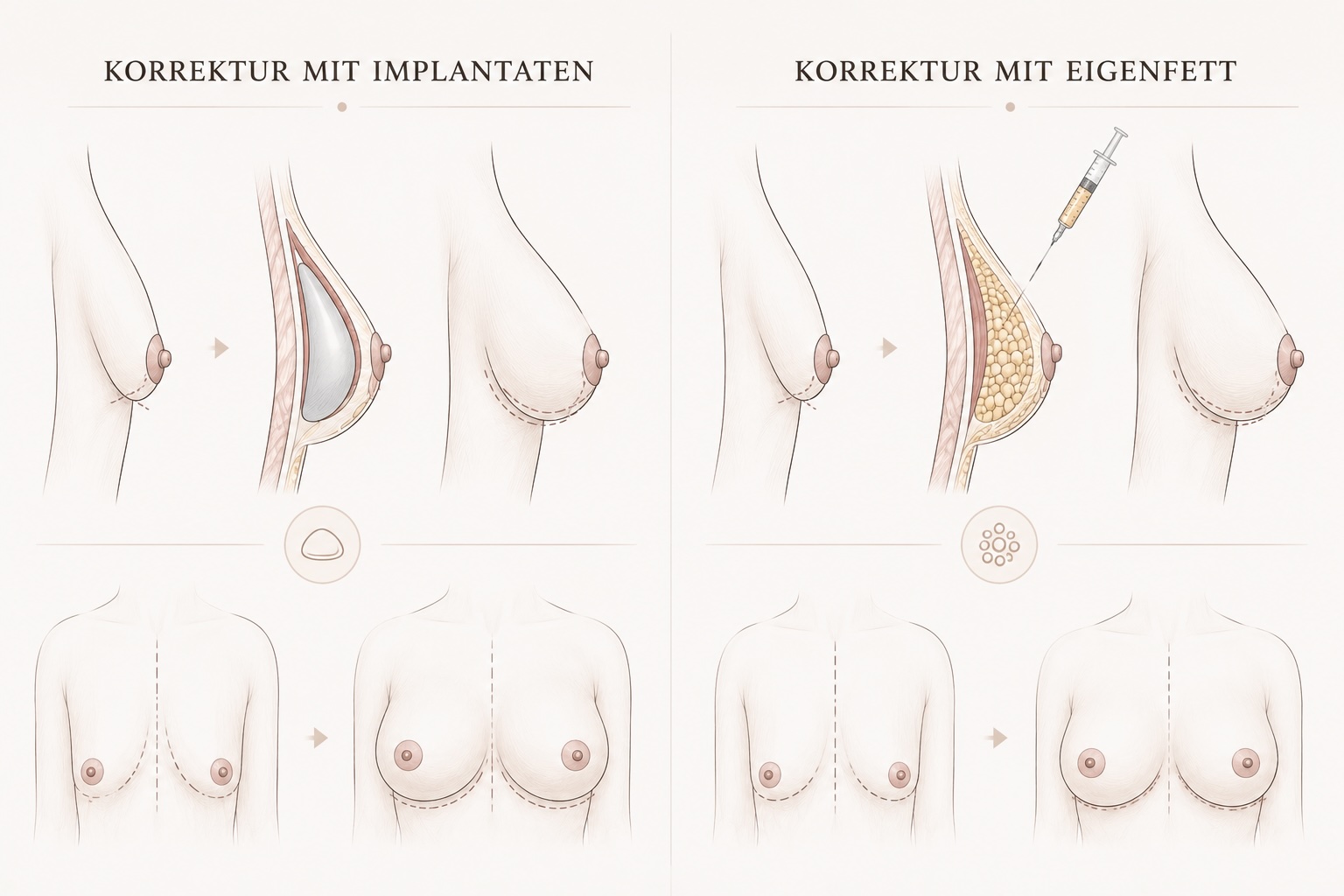 Grafische Darstellung der Korrektur einer tubulären Brust mit Brustimplantaten 