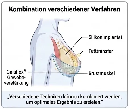 Schematische Darstellung Brustrekonstruktion / Kombination von verschiedenen Verfahren