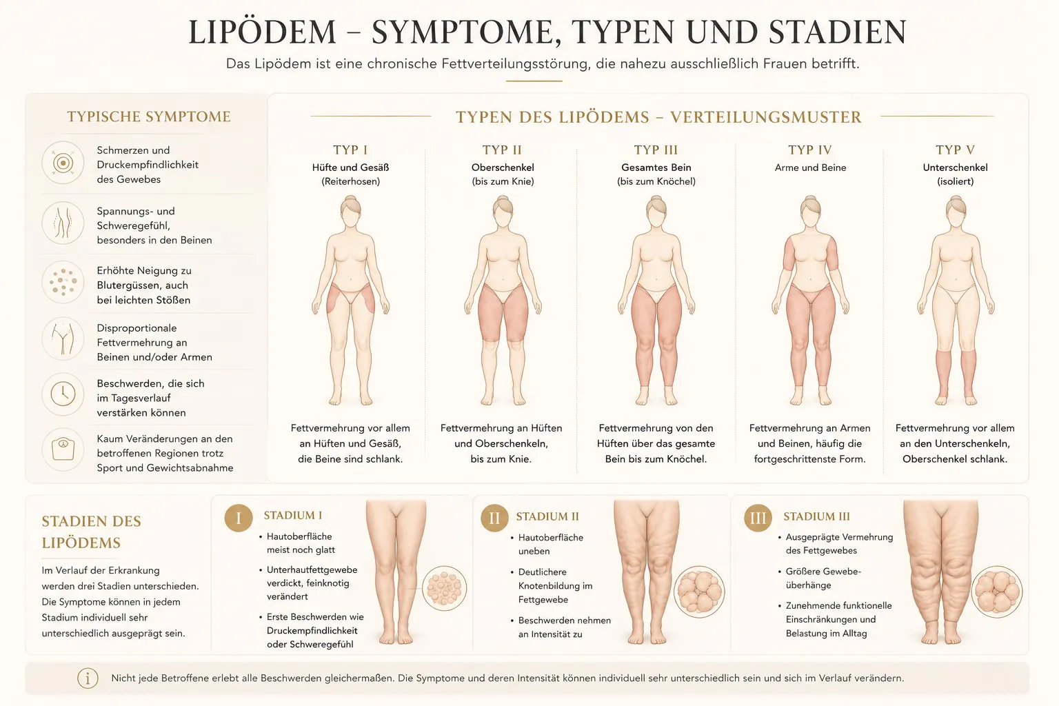Schematische Darstellung von Symptomen, Typen und Stadien des Lipödems