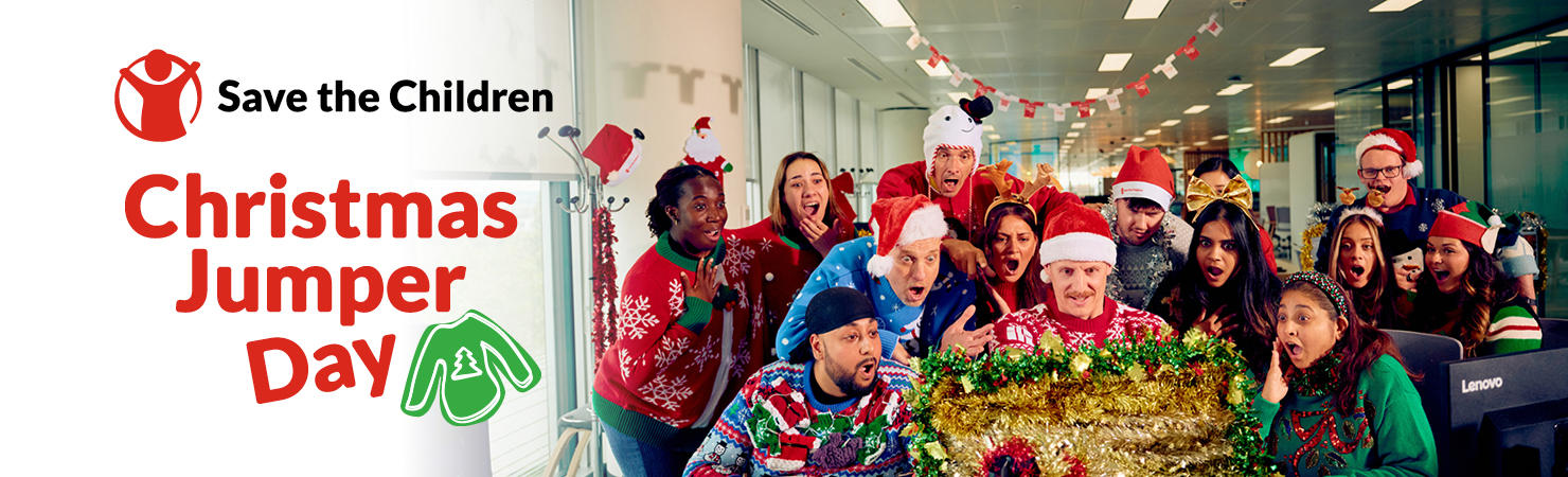 Save the Children - Christmas Jumper Day - with Christmas Jumper Day logo and image of colleagues gathered round a present.
