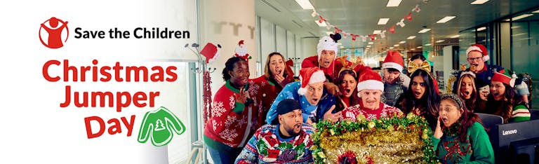 Save the Children - Christmas Jumper Day - with Christmas Jumper Day logo and image of colleagues gathered round a present.