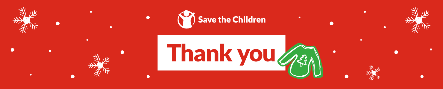 Save the Children - Christmas Jumper Day thank you banner - with Christmas Jumper Day logo and snow flakes. 
