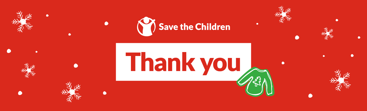 Save the Children - Christmas Jumper Day thank you banner - with Christmas Jumper Day logo and snow flakes. 