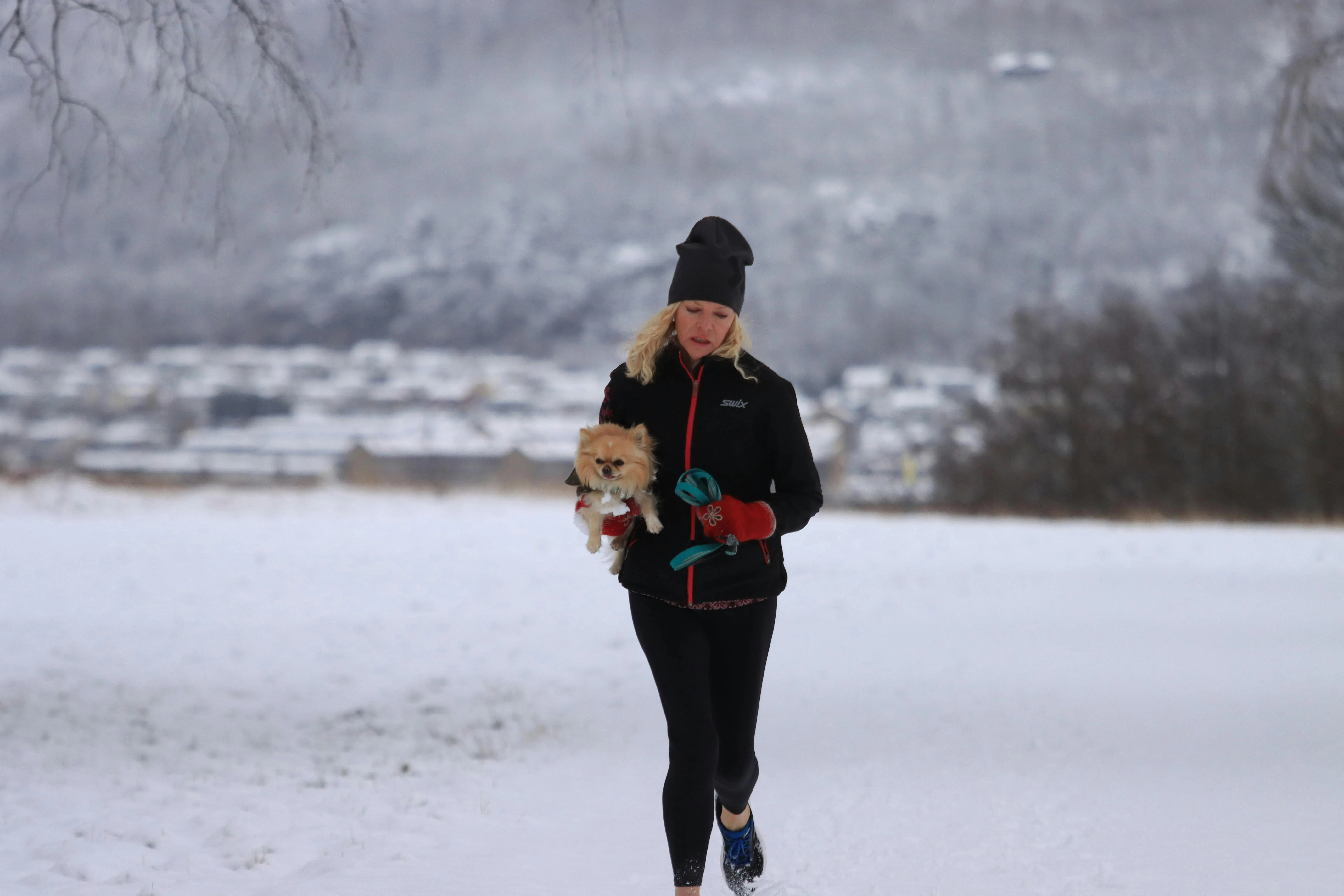 Kvinna joggar på vintern med sin hund