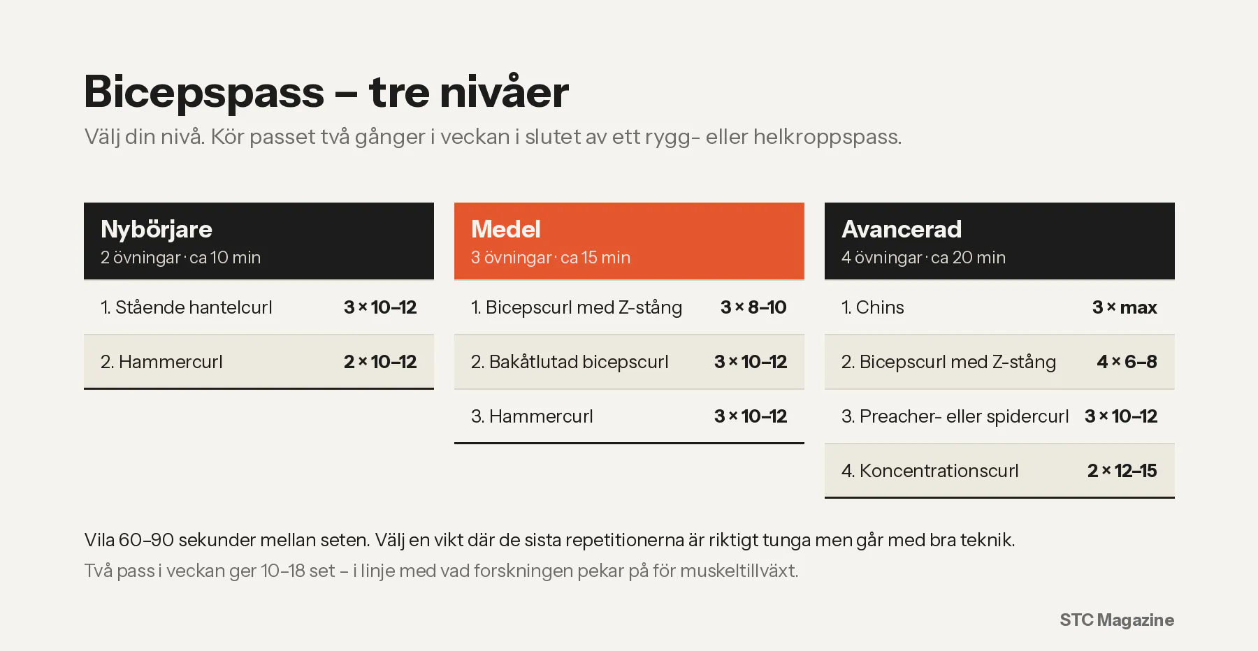 Bilden visar träningspass för biceps och triceps på olika nivåer