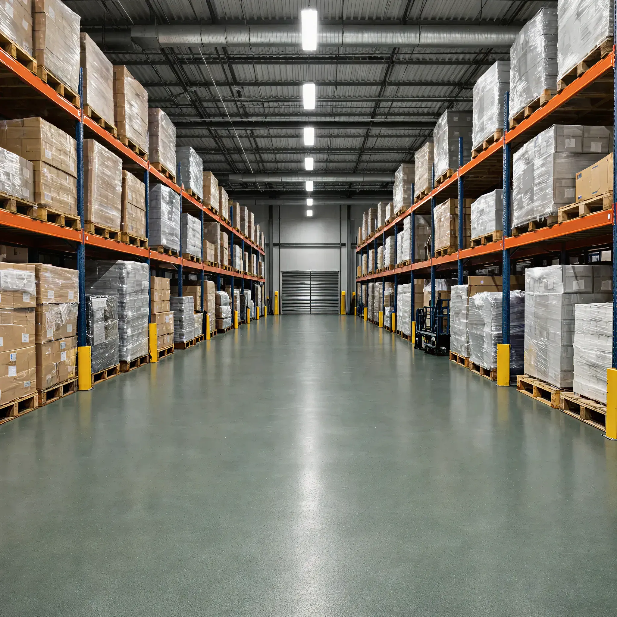 Warehouse interior with polished concrete floor and orange pallet racking