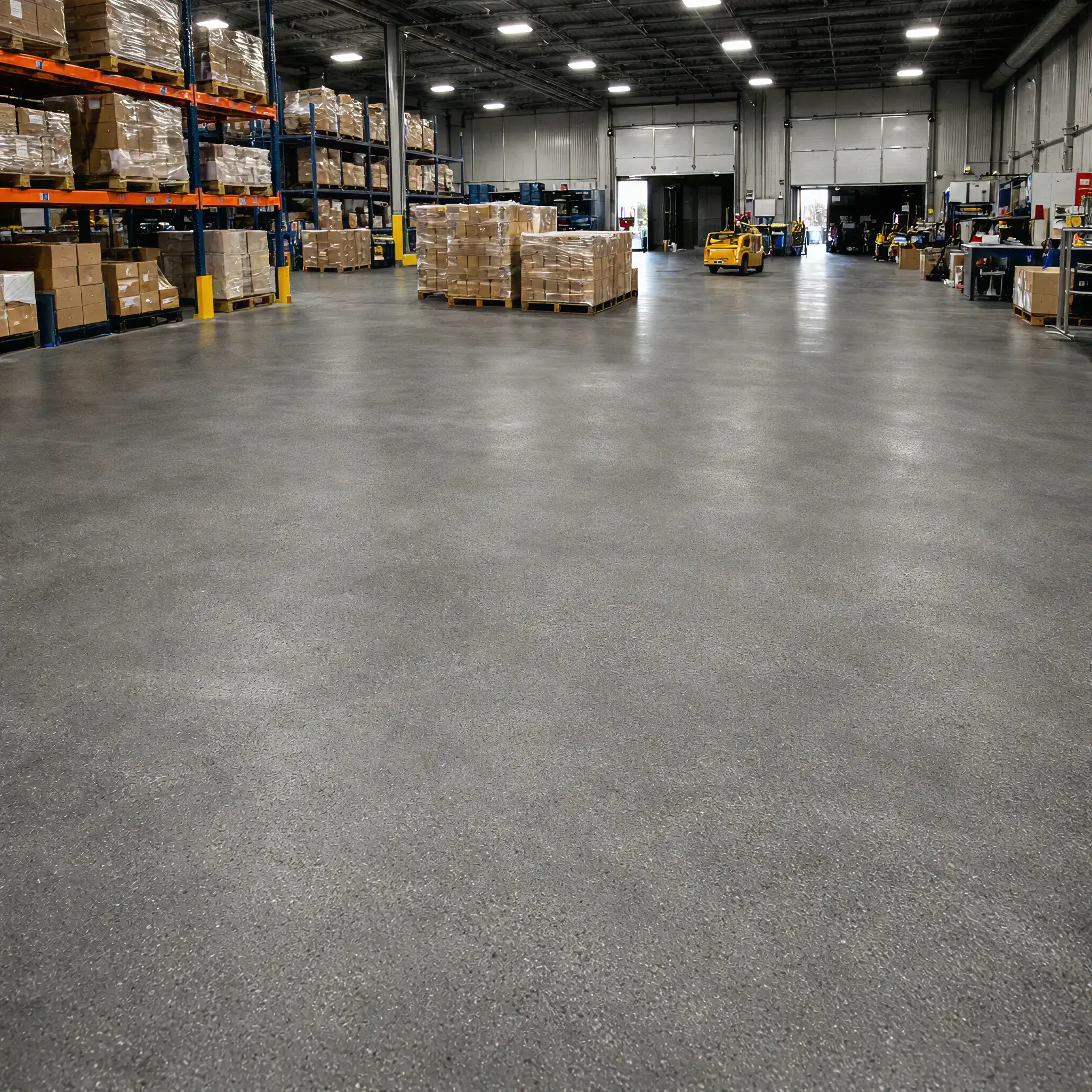 Warehouse interior with polished concrete floor and pallet racking