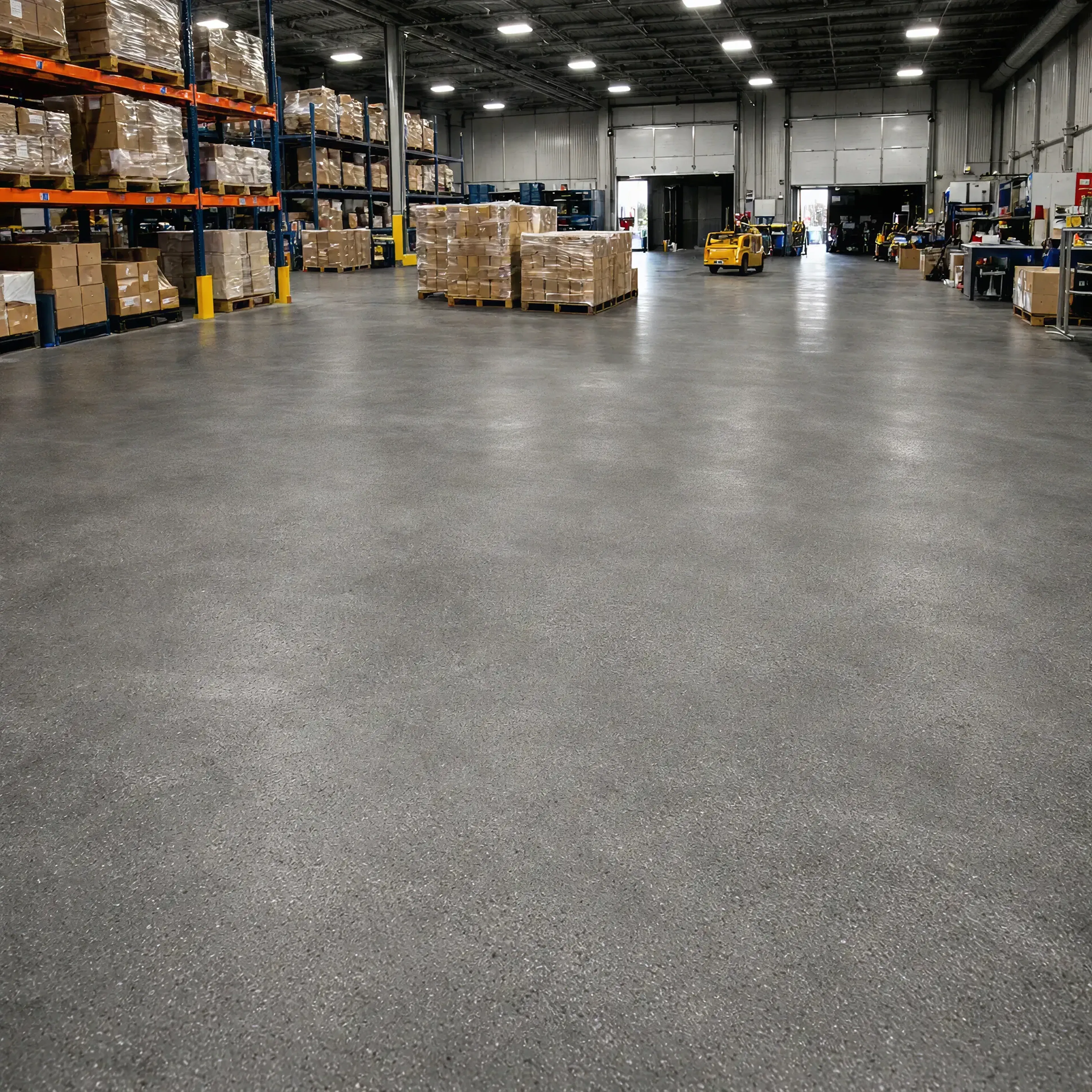 Warehouse interior with polished concrete floor and pallet racking