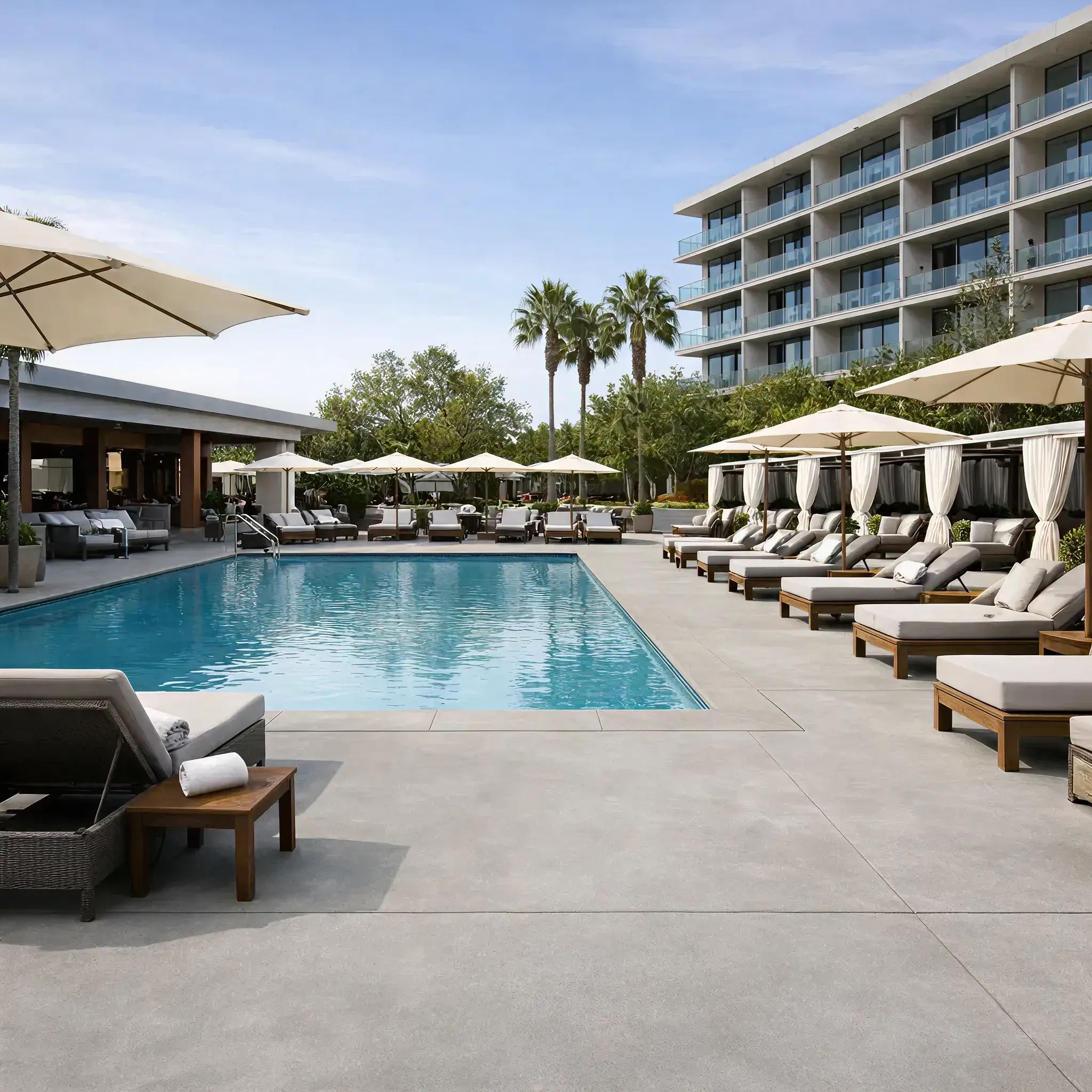 Hotel pool deck with sealed concrete patio and lounge seating
