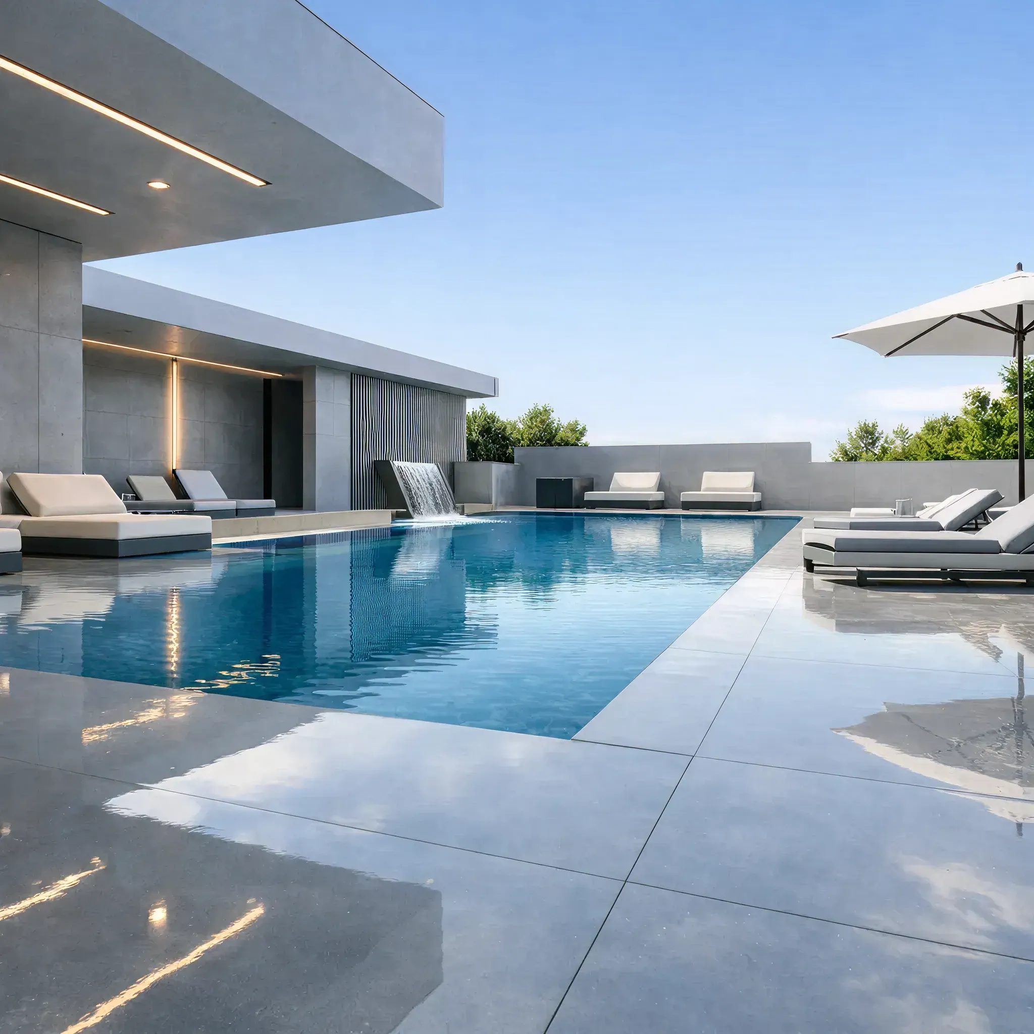 Modern pool area with concrete patio and water feature