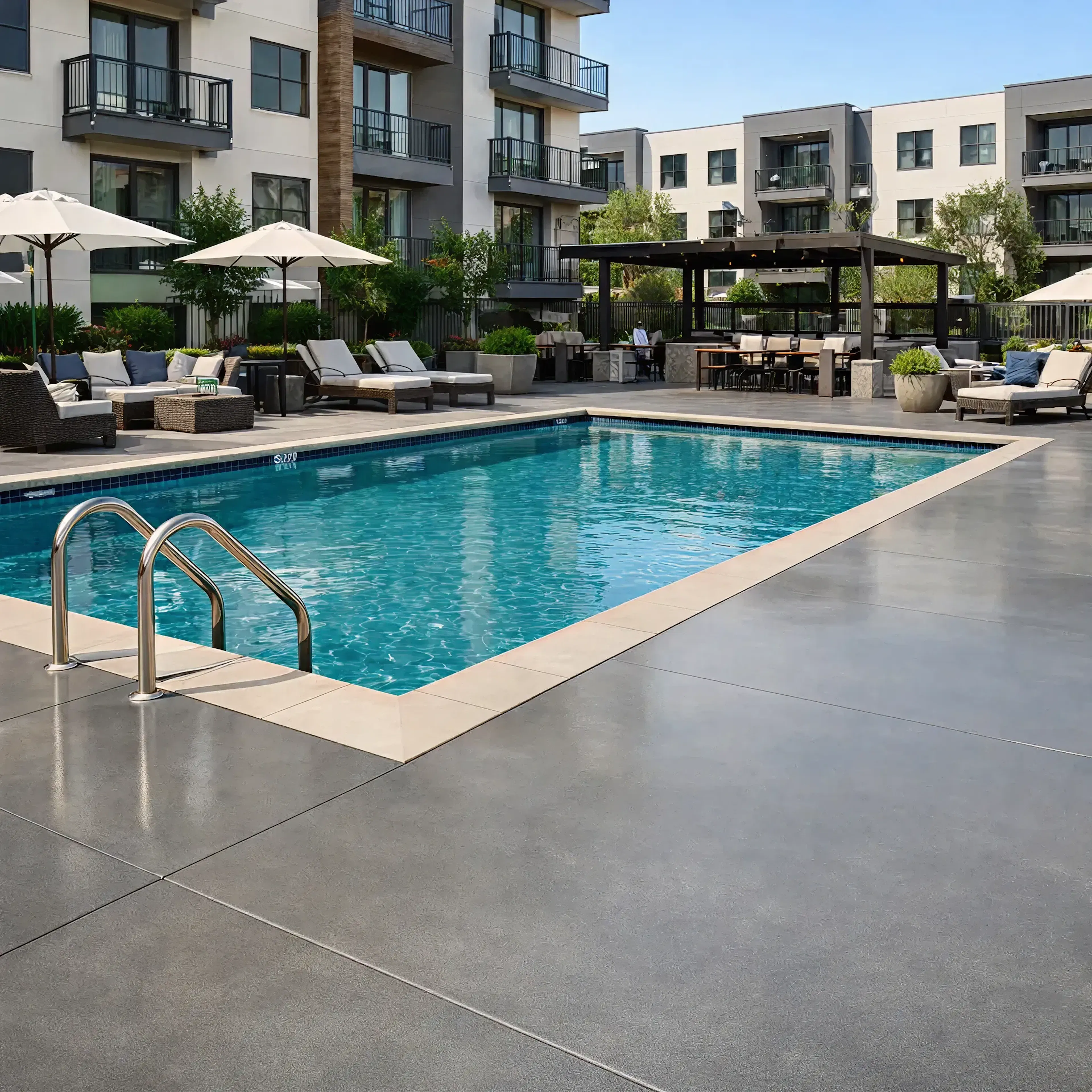 Pool area with polished concrete surface and StealthCoat MC product bottle