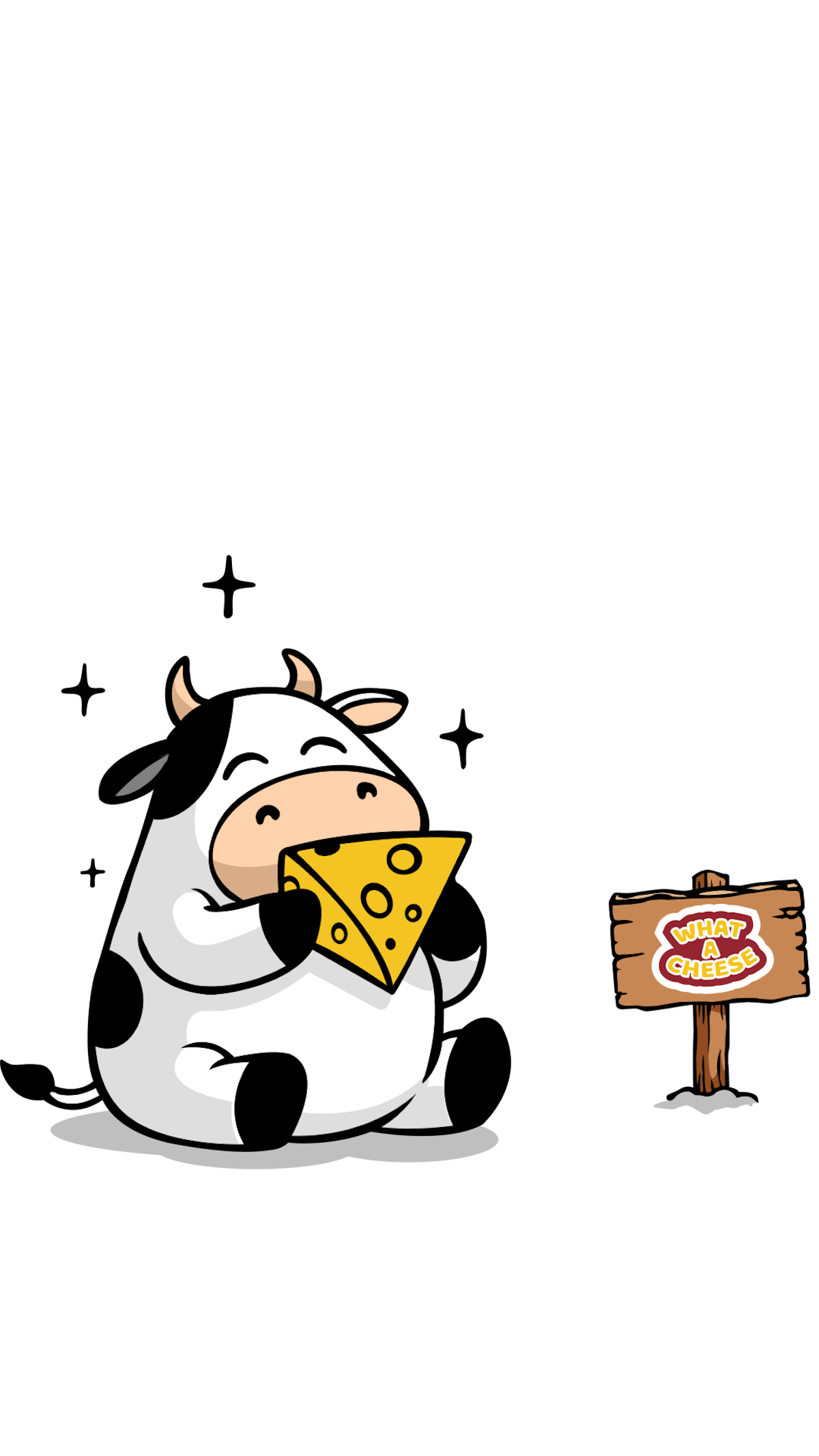 Illustration der Comic-Kuh Letti neben einem Holzschild mit dem What.A.Cheese-Logo – beide als zentrale Gestaltungselemente der Markenidentität.