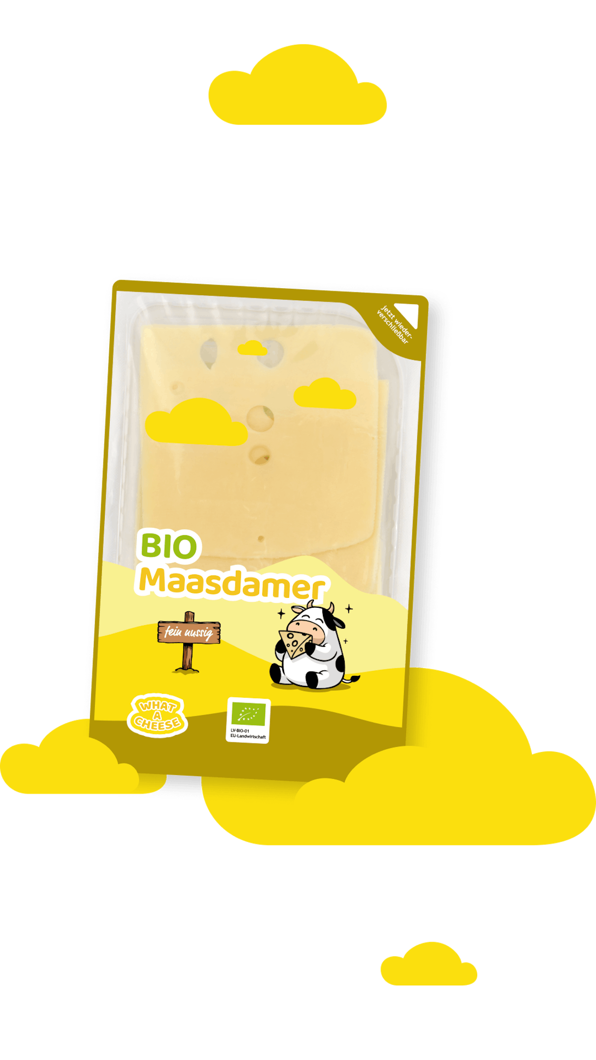 Abbildung einer Verpackung aus dem What a Cheese Bio-Scheibenkäse-Sortiment mit farbenfrohem Design und Sortenbezeichnung.