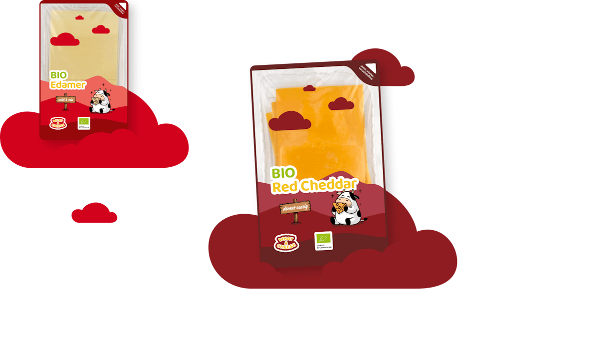 Abbildung einer Verpackung aus dem What a Cheese Bio-Scheibenkäse-Sortiment mit farbenfrohem Design und Sortenbezeichnung.