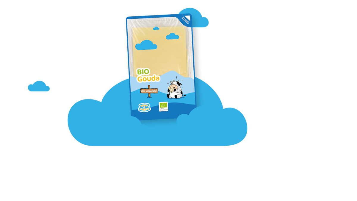 Abbildung einer Verpackung aus dem What a Cheese Bio-Scheibenkäse-Sortiment mit farbenfrohem Design und Sortenbezeichnung.