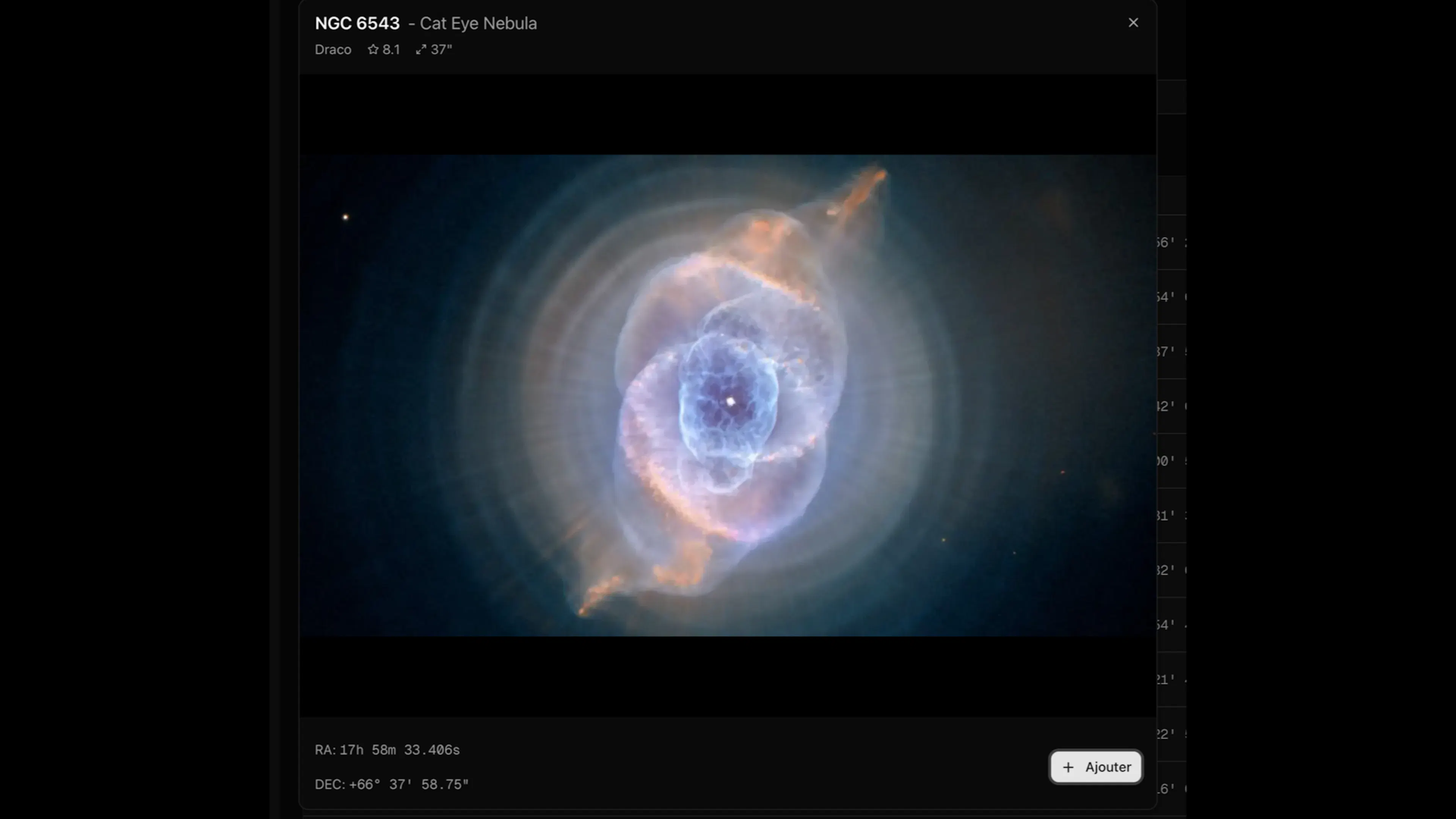 Fiche complète de NGC 6543, la nébuleuse de l’Œil de Chat, ouverte depuis le catalogue Stellar Observatory.