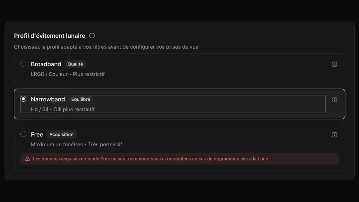 Profils d’évitement lunaire Broadband, Narrowband et Free dans Stellar Observatory.