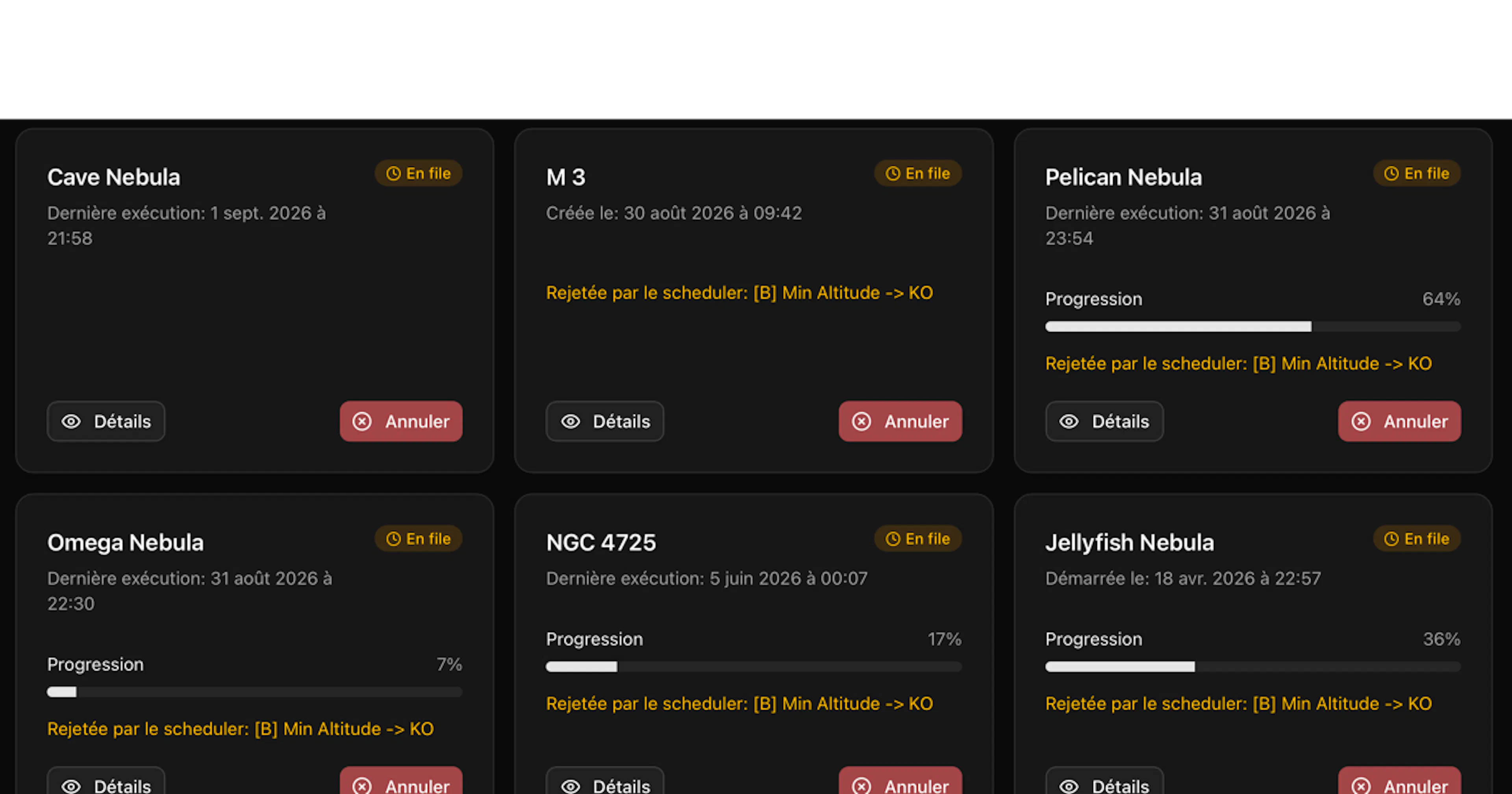 Sessions en file affichant des motifs de refus RoboTarget dans Stellar Observatory.