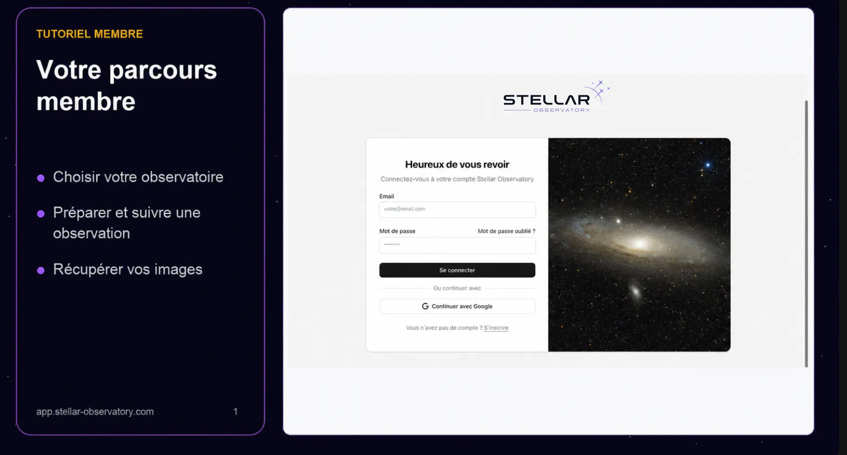 Parcours membre Stellar Observatory, de la connexion au téléchargement des images.