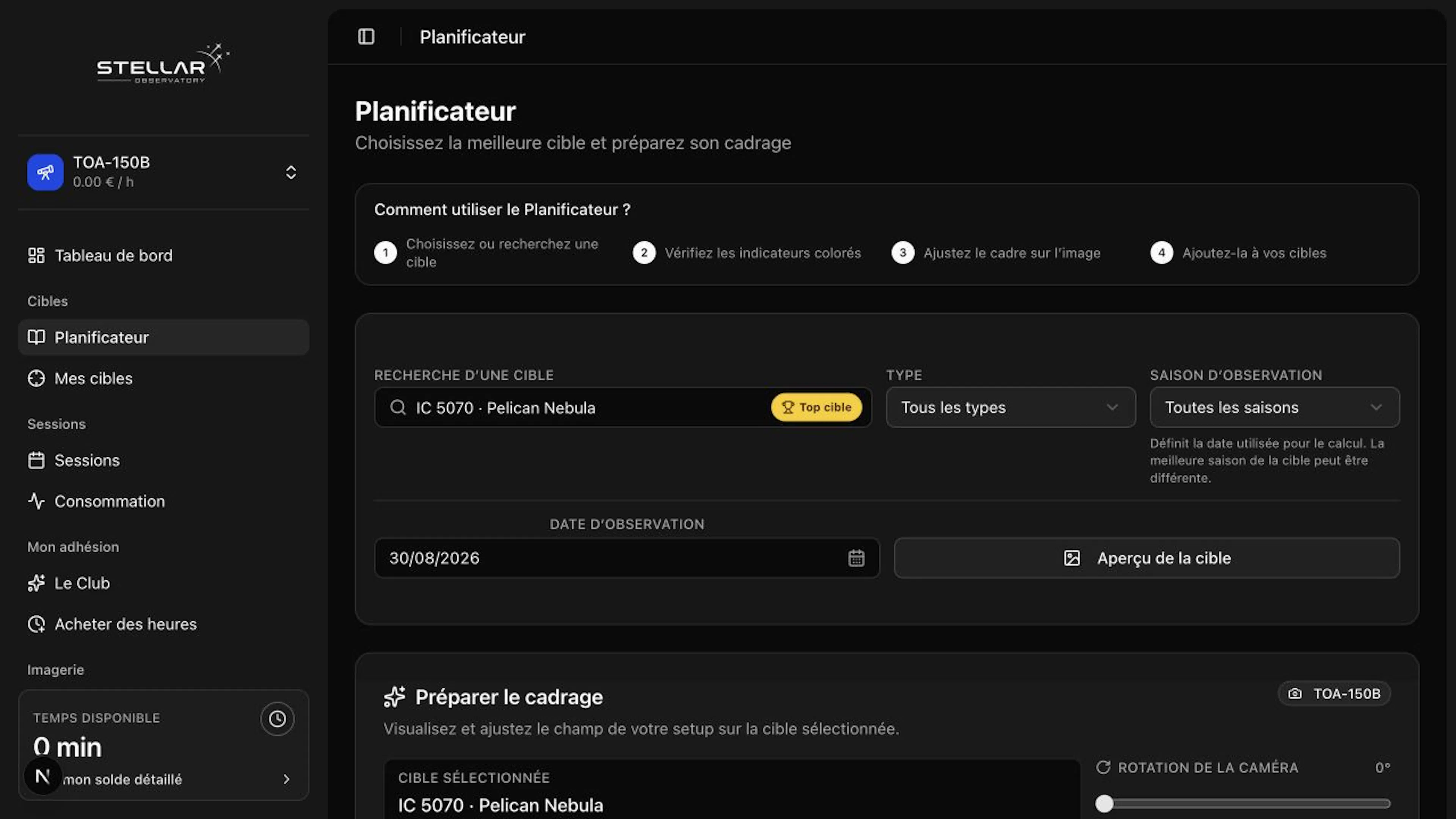 Planificateur Stellar Observatory en thème sombre avec IC 5070, sans information de compte.