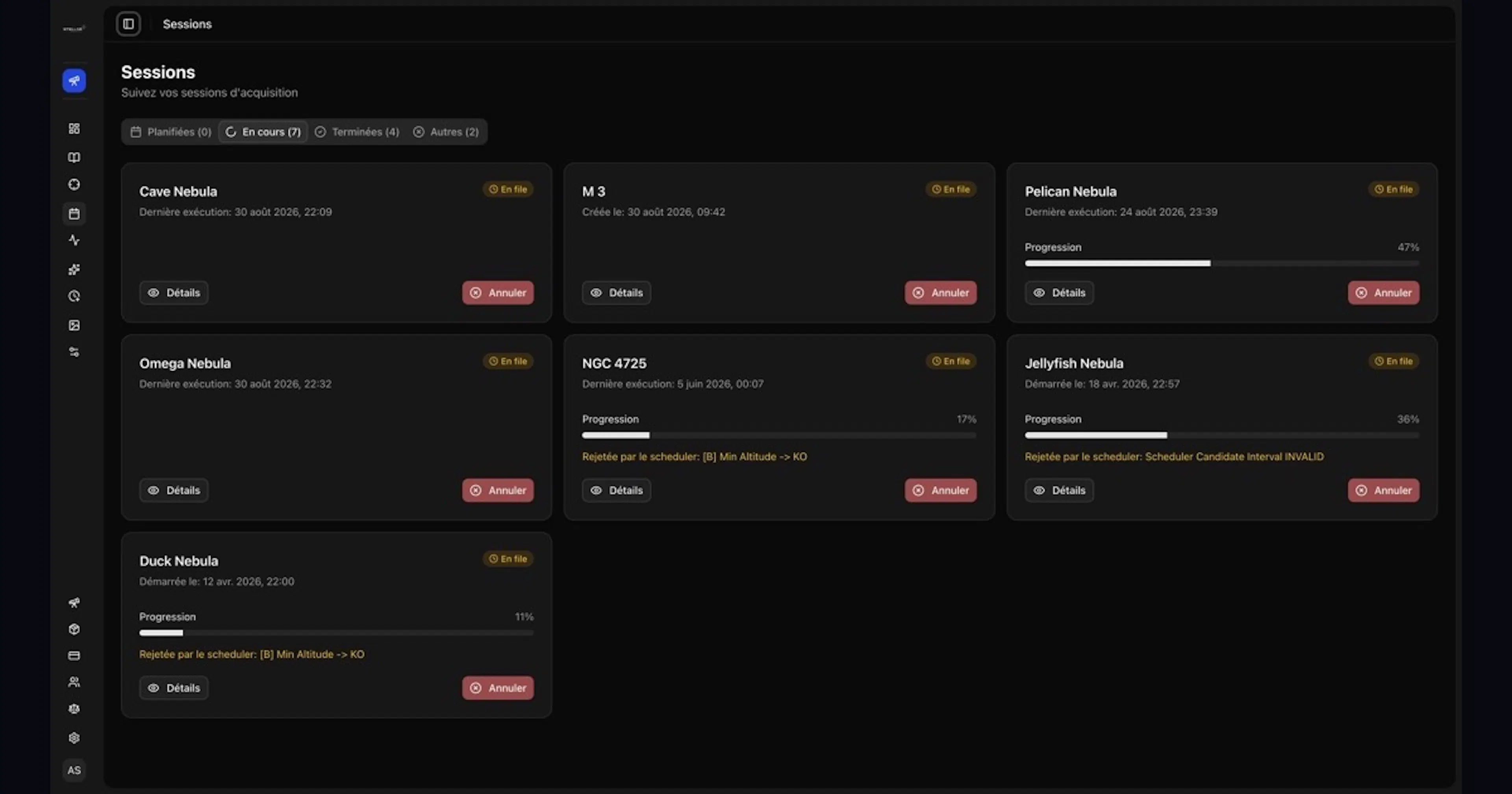 Vue complète des sessions en cours dans Stellar Observatory avec les cartes et messages de refus temporaire du scheduler.