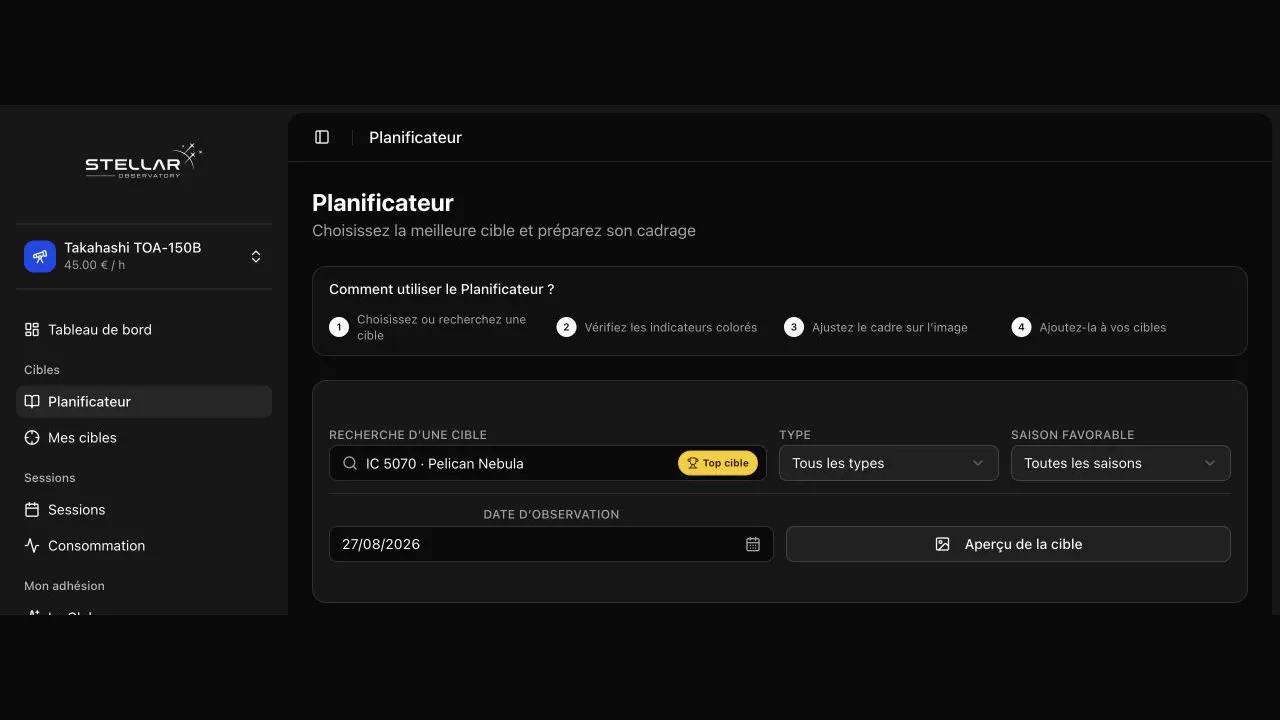 Le Planificateur Stellar Observatory affichant une cible recommandée.