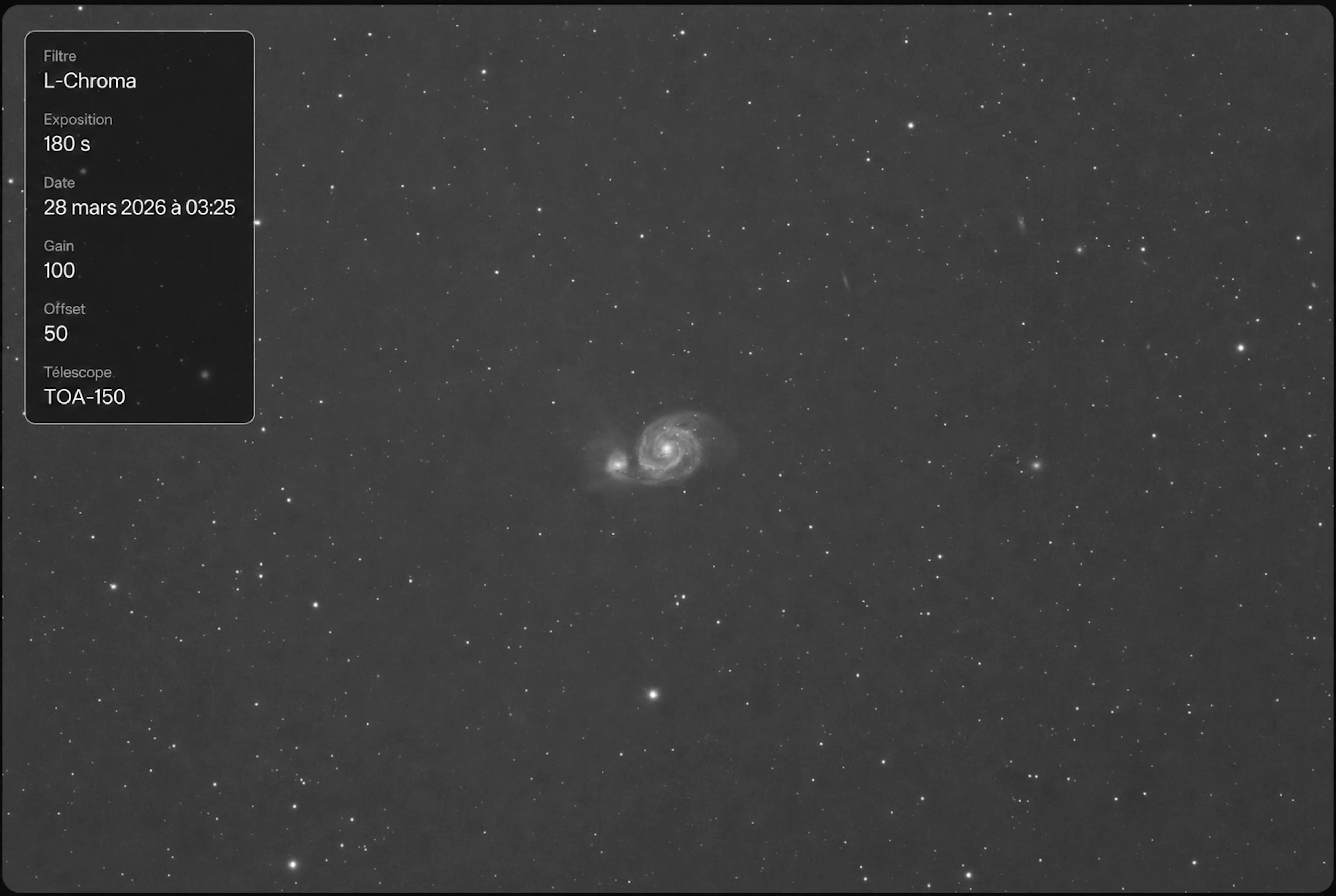 M51 photographiée avec Stellar Observatory, accompagnée de ses paramètres techniques.