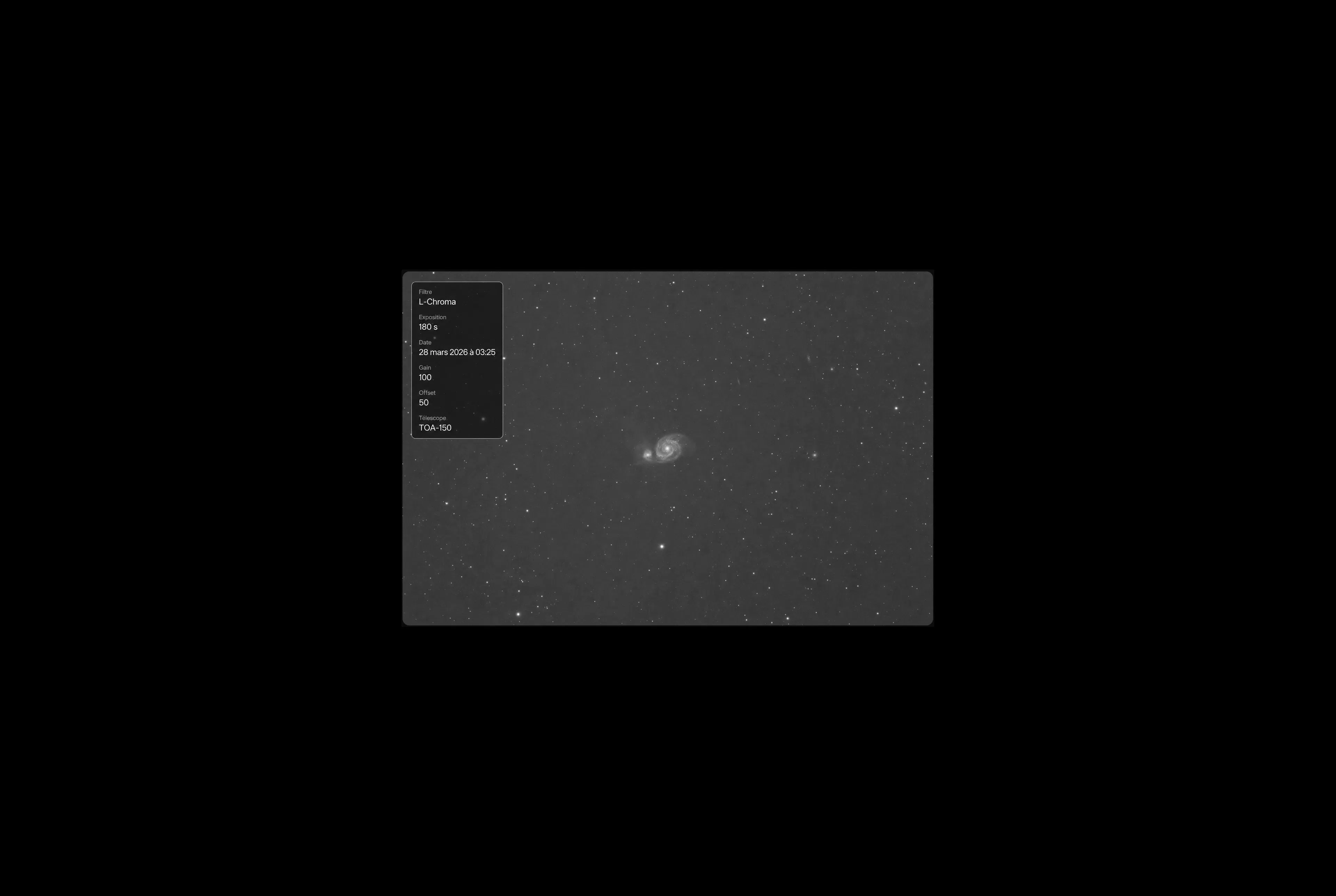 M51 photographiée avec Stellar Observatory, accompagnée de ses paramètres techniques.