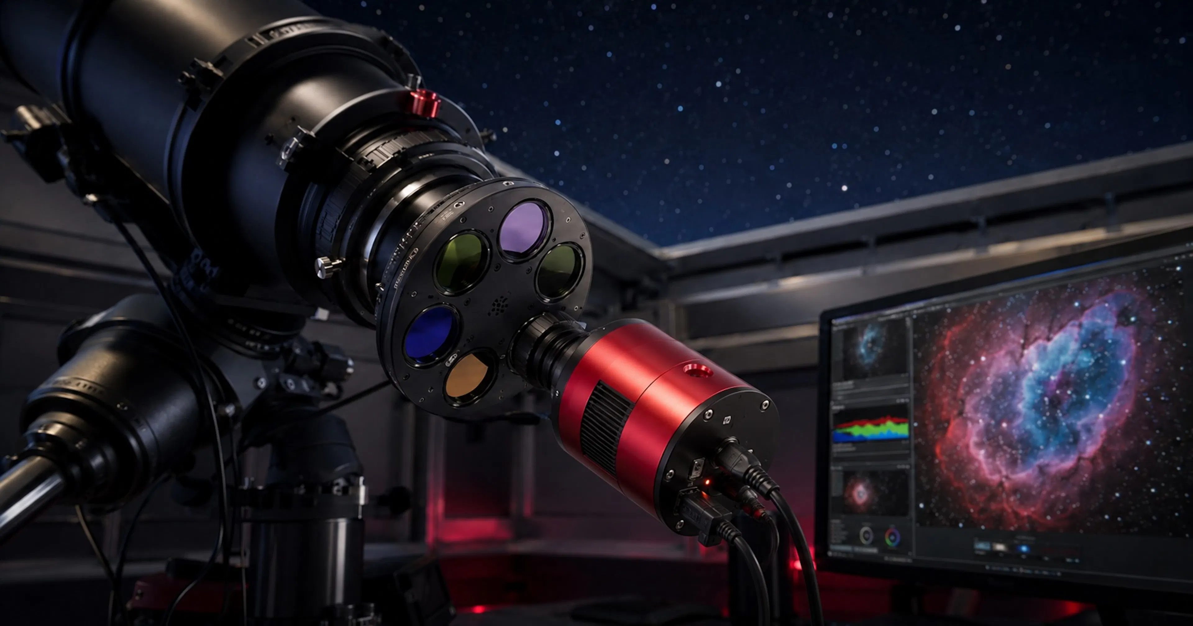 Setup d’astrophotographie avec télescope, caméra monochrome, roue à filtres LRGB-SHO et nébuleuse affichée sur un écran.